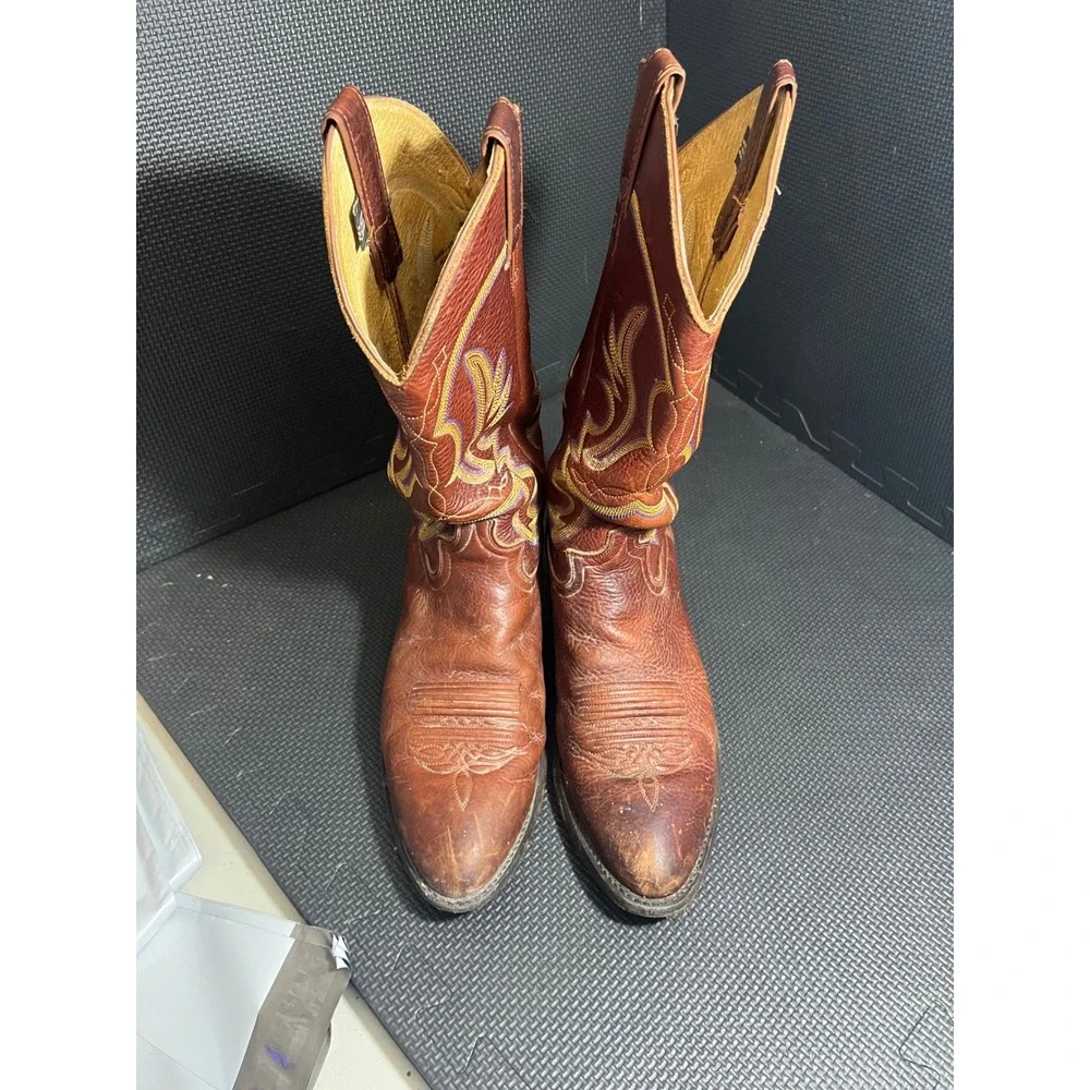 Justin Boots Vintage‎ Cowboy Western Rodeo Brown Leather Boots Mens Size 9.5 D